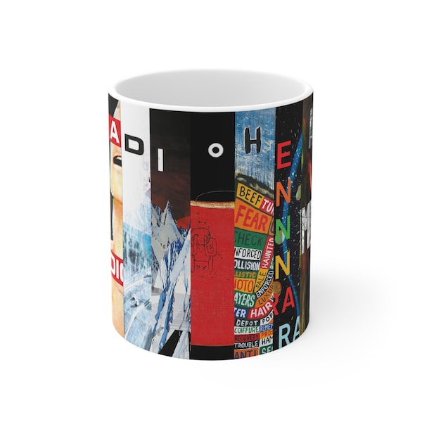 Collage van albumhoezen Ok Computer Kid A keramische koffiekopjes, 11oz