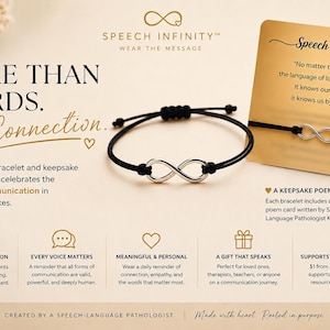 Könnte beinhalten: Ein schwarzes Armband aus Kordel mit einem silberfarbenen Unendlichkeitssymbol. Das Armband wird zusammen mit einer goldfarbenen Karte präsentiert, die den Text Speech Infinity und ein Gedicht enthält. Es hat einen verstellbaren Knotenverschluss.