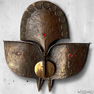 Zoltán Pap Marked Brutalist Bronze Peacock Wall Sculpture with Red Enamel