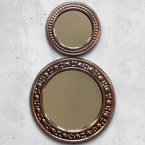 LIGNIFER pair of Hungarian mid century vintage brutalist mirrors with modernist copper ringed design.