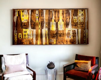 Mid century modernist tapestry Hungarian silk moquette 1960s vintage wall art.