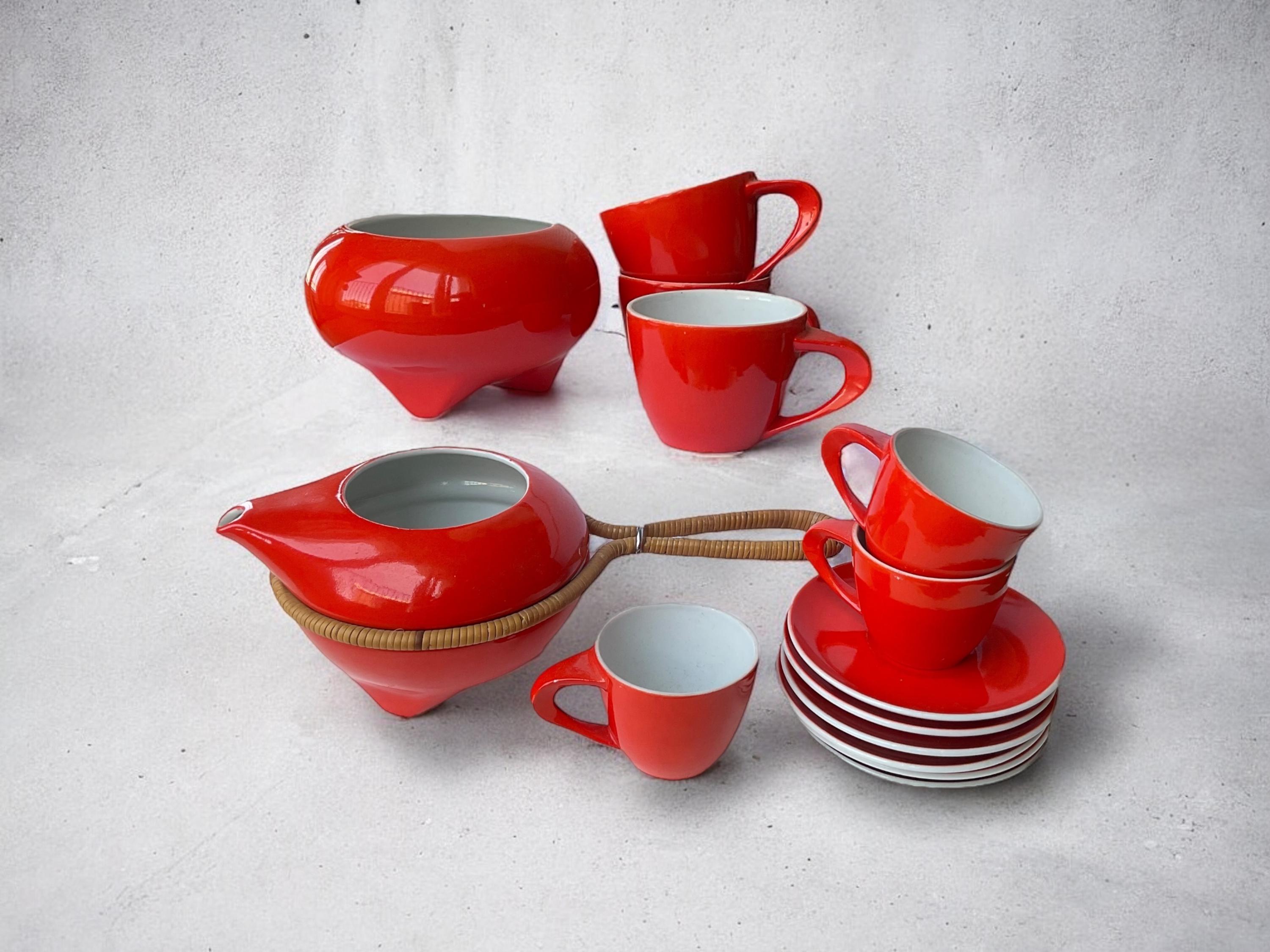 Zsolnay produced, Ildikó Várdeák designed, marked art deco porcelain 6-piece sextet paprika red/orange mid century espresso coffee set.