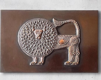 Ottó Kopcsányi Hungarian signed & numbered mid century brutalist bronze alloy trinket box with wood inlay and stylized copper lion relief.
