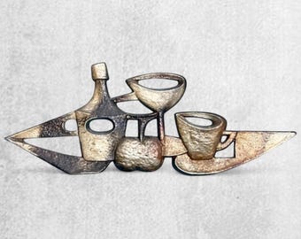 1960s Czech Brutalist Metal Wall Art: Mid-Century Modernist Still Life
