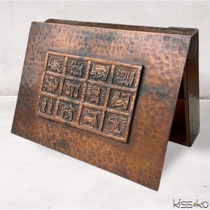 Mid-Century Brutalist Bronze Trinket Box: Zodiac Relief, Copper Alloy Inlay