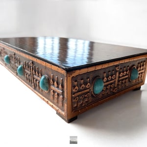 Distinguished vintage brutalist bronze & copper mcm jewelry trinket box with wood inlay, turquoise stone emelishments and modernist relief.