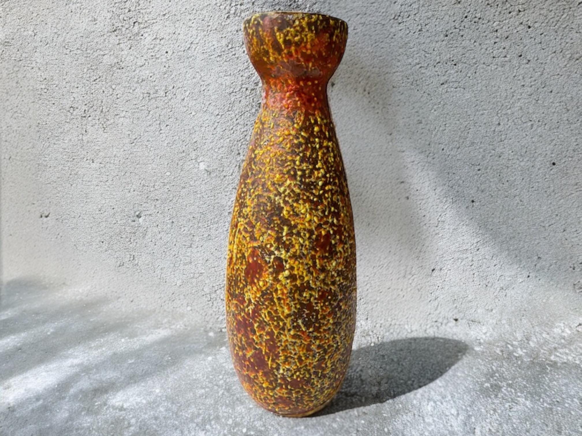 Vintage Hungarian Tófej orange, yellow, red & brown mottled glaze, ceramic fat lava vase in vibrant mid century brutalist design.
