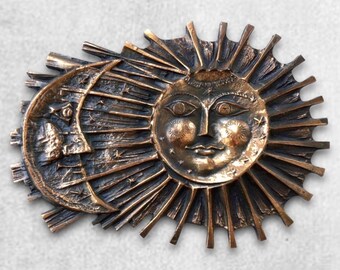 Ottó Kopcsányi mid century brutalist celestial bronze patinated plaster mold wall art with sculptural modernist sun and moon relief.