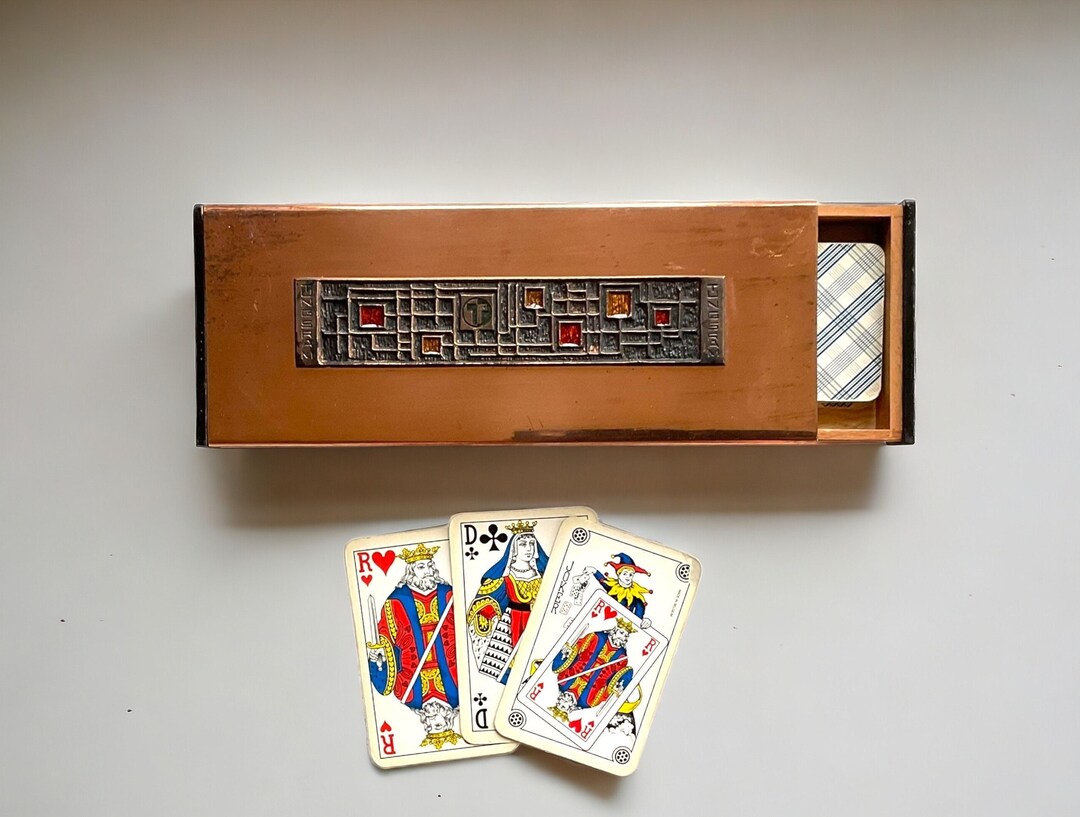 Vintage Tungsram Playing Card Box With Wood Inlay, Modernist Glass ...