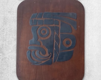 Lajosné Kádár Brutalist Wall Art: Mid-Century Tlaloc Metal Relief