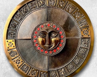 XXL Zoltán Pap Brutalist Marked Astrolabe: MCM Bronze & Copper Zodiac Wall Art