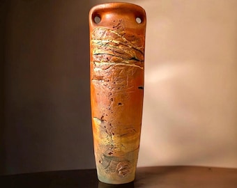 Earthy XXL sculptural mid century brutalist ceramic amphora floor vase with minimalist horse relief emblem.
