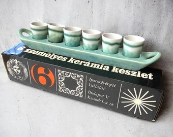 Rare Gorka Géza mid century ceramic shot glass and tray gift set with original Hungarian Applied Arts Company box & jury sticker.