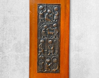 Vintage Hungarian Bronze Relief Wall Art: Folk Art Children on Wood