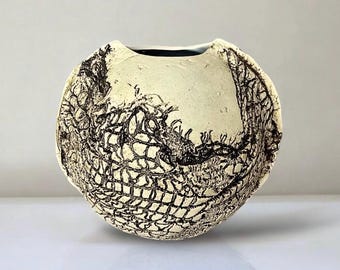Vintage brutalist Hungarian, mid century, round, pinched earthenware vase with organic, abstract modernist umber etched detail.