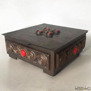 Lignifer Brutalist Bronze Alloy Trinket Box: MCM Wood Inlay, Red Glass