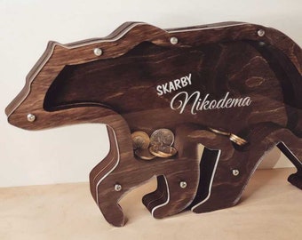 Personalisierte Sparschwein Bär, Geschenke für Kinder, Babyzimmer Dekor, Holz Spardose für Jugendliche und Erwachsene, Münzbank, Weihnachtsgeschenke, Sparschwein
