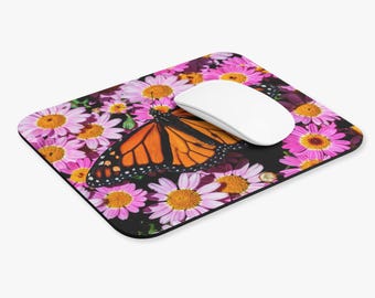 Arizona - Alfombrilla de ratón con mariposa monarca y flores rosas