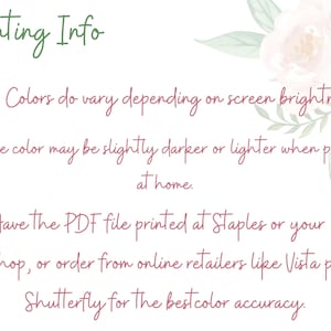 Puede incluir: Informaci&oacute;n de impresi&oacute;n con consejos sobre la precisi&oacute;n del color. Los colores pueden variar seg&uacute;n el brillo de la pantalla. El color puede ser ligeramente m&aacute;s oscuro o m&aacute;s claro al imprimir en casa. Imprima el archivo PDF en Staples o en su tienda de impresi&oacute;n local, o pida a minoristas en l&iacute;nea como Vista print o Shutterfly para obtener la mejor precisi&oacute;n del color.