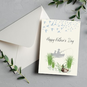 Tarjeta de felicitación y sobre para el Día del Padre: Amigos pescadores. Imprimible en PDF. Idea de regalo para papás amantes de la pesca.