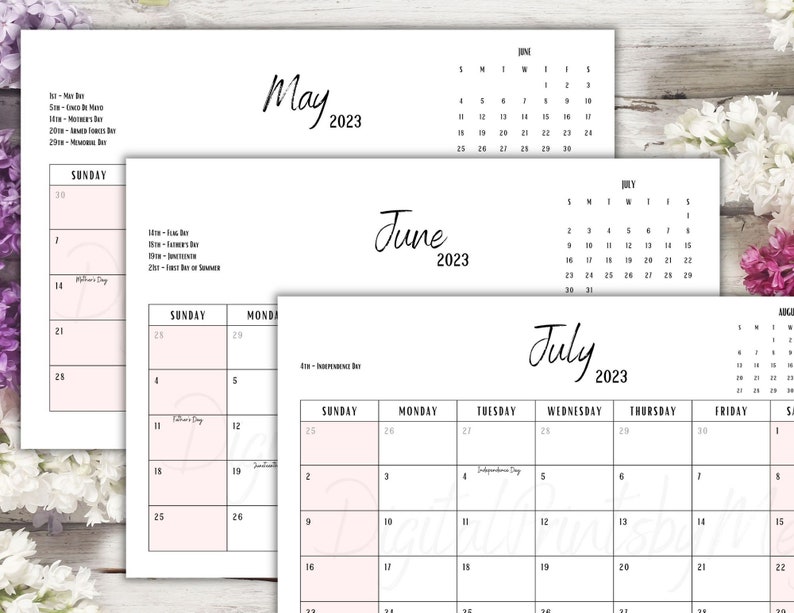 2023 Pink Monthly Calendar Printable: Horizontal Holiday Planner (PDF ...