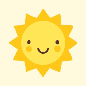 Puede incluir: Un sol amarillo de dibujos animados con una cara sonriente y mejillas sonrosadas.