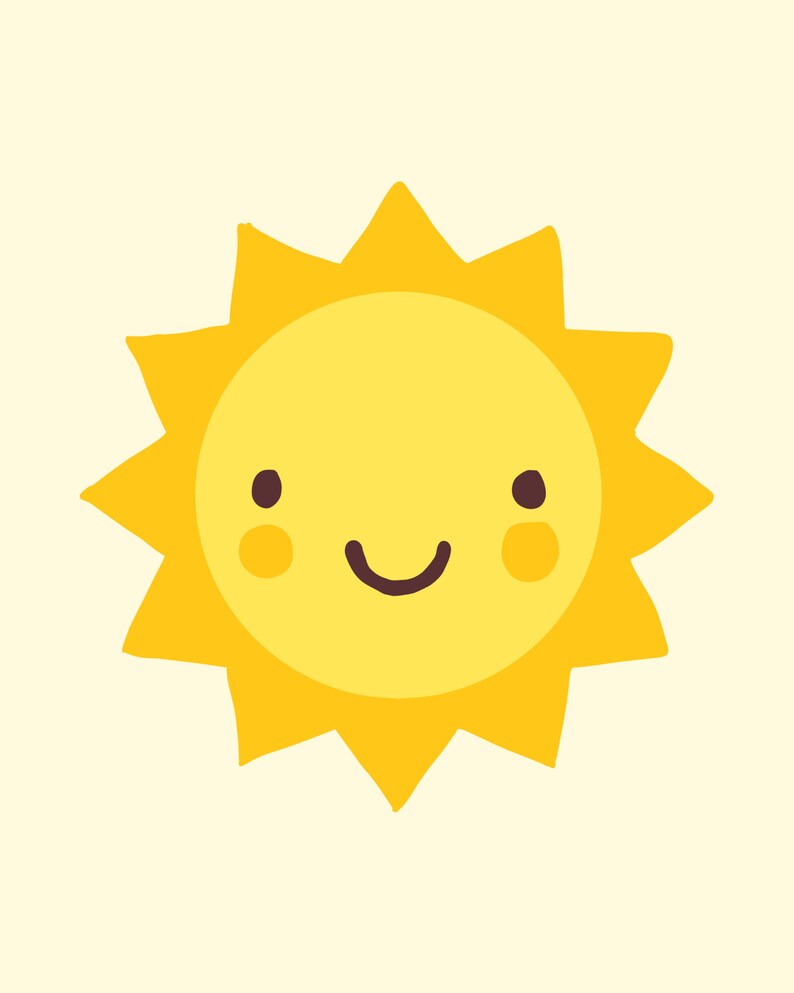 Puede incluir: Un sol amarillo de dibujos animados con una cara sonriente y mejillas sonrosadas.