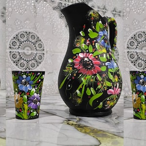 Black Ceramic Vase with its mug| Handmade Textured Vase | Modern Ceramic Vessel | moroccan Home Decor | Elegant Black Pottery