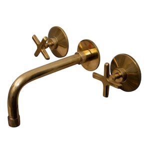 Unlacquered Brass Wall Mounted Bathroom Faucet, Solid Brass Bathroom Faucet With Cross Handle