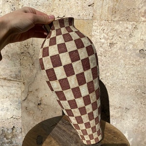 Dark red ceramic vase with beige checkers / Checkered ceramic vase image 3