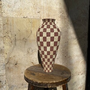 Dark red ceramic vase with beige checkers / Checkered ceramic vase image 8