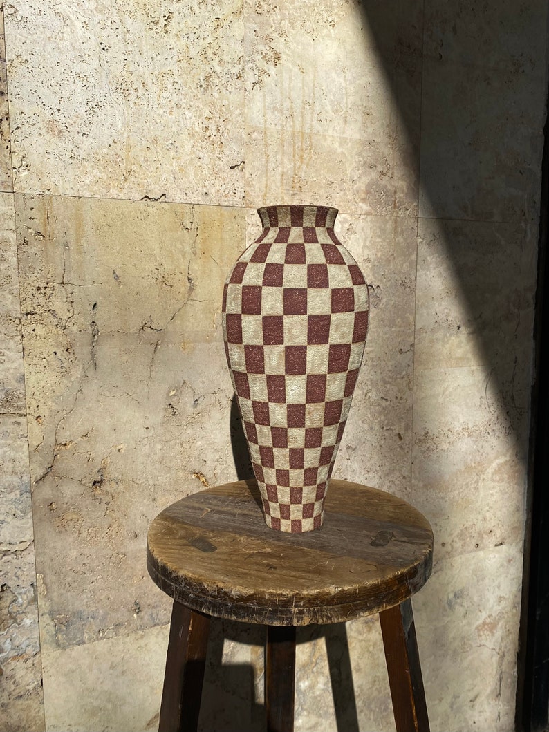 Dark red ceramic vase with beige checkers / Checkered ceramic vase image 8