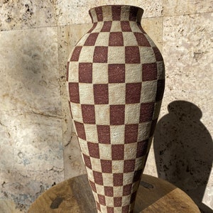 Dark red ceramic vase with beige checkers / Checkered ceramic vase image 7