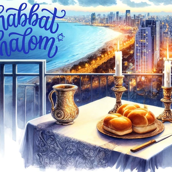 Shabbat Shalom Over Tel Aviv - 3-Piece Watercolor Art Set for Samsung 4K | Judica Art - Hebrew & English | Instant Download