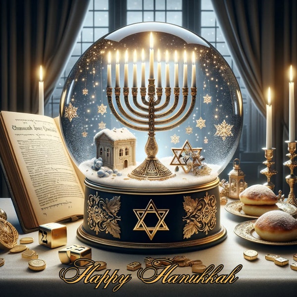 Chanukah Menorah Snow Globe Art | Jewish Holiday Digital Download | Festive Hanukkah Decor | Animated Snow Globe