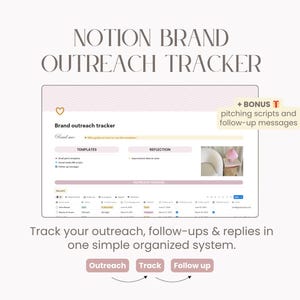 Brand Outreach Tracker Notion template. Follow-up System & Client Management Tool. Organize Brand Deals And Pitches.