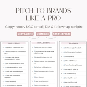Peut inclure: Visuel avec le texte "PITCH TO BRANDS LIKE A PRO" et "Scripts de suivi par e-mail, DM et UGC prêts à l'emploi." Il comprend des sections pour la prospection par e-mail, les DM sur les réseaux sociaux et les suivis, avec des puces détaillant chaque catégorie.
