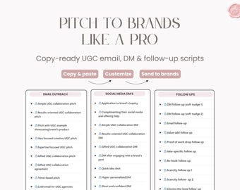 Pitch to brands templates for UGC creators. UGC pitch email templates, brand outreach scripts, DM pitch scripts. Notion template.