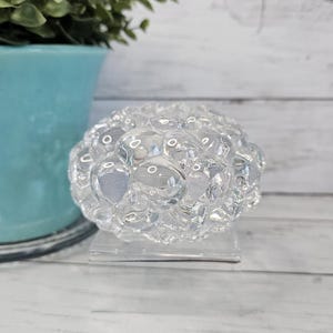 May include: A clear, decorative glass object with a bubbly, textured surface. The object is round and sits on a clear, rectangular stand. A teal-colored pot with green foliage is in the background.