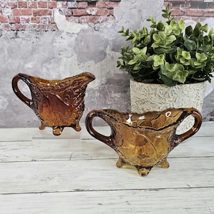 Indiana Glass Sweet Pear Creamer and Sugar, Set of 2, Amber Glass