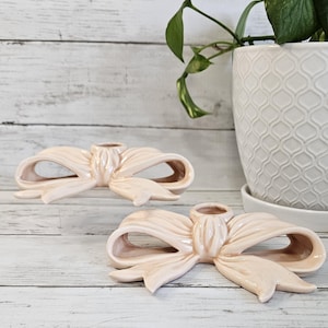 Vintage Pink Ceramic Bow Candle Holders,  Set of 2