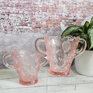 Vintage Fenton Pink Depression Glass Strawberry Pressed Glass Compote.