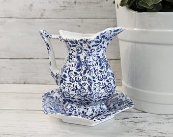 Enesco, Blue & White, Chintz, Ceramic, Creamer with Saucer, 2 Pierce Set