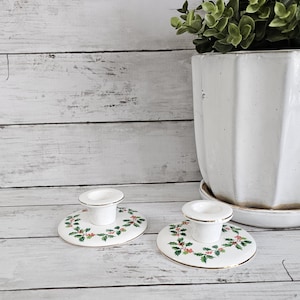 Christmas Candlestick Holders,  Set of 2, Holly and Berries, Bone China