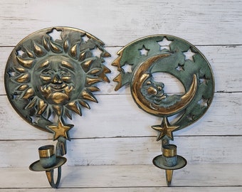 Vintage PartyLite Sun and Moon Patina Wall Sconces,  Set of 2