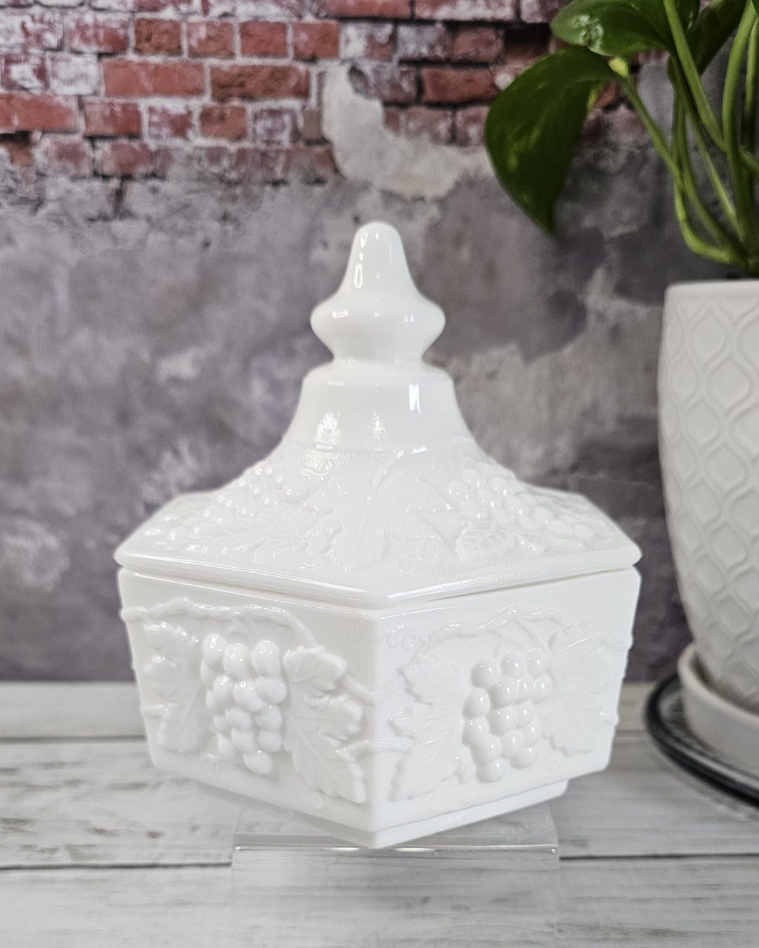 Imperial Glass Milk Glass Grape Pattern Hexagonal Covered Dish Etsy