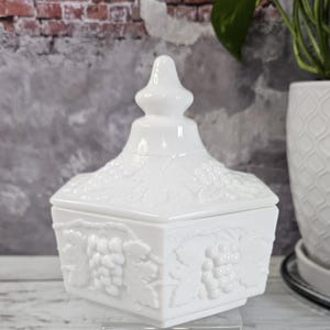 Imperial Glass Milk Glass Grape Pattern Hexagonal Covered Dish