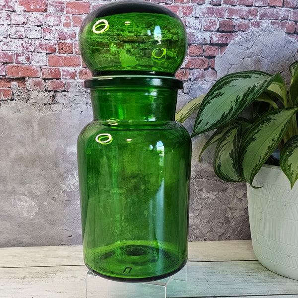 Vintage Belgium Green Glass Lidded Apothecary Jar