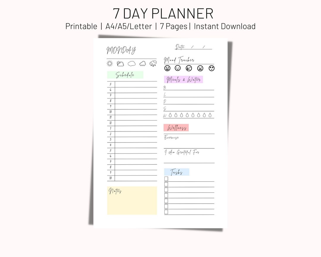 7 Day Planner Printable, Daily Planner, Daily to Do List for Work