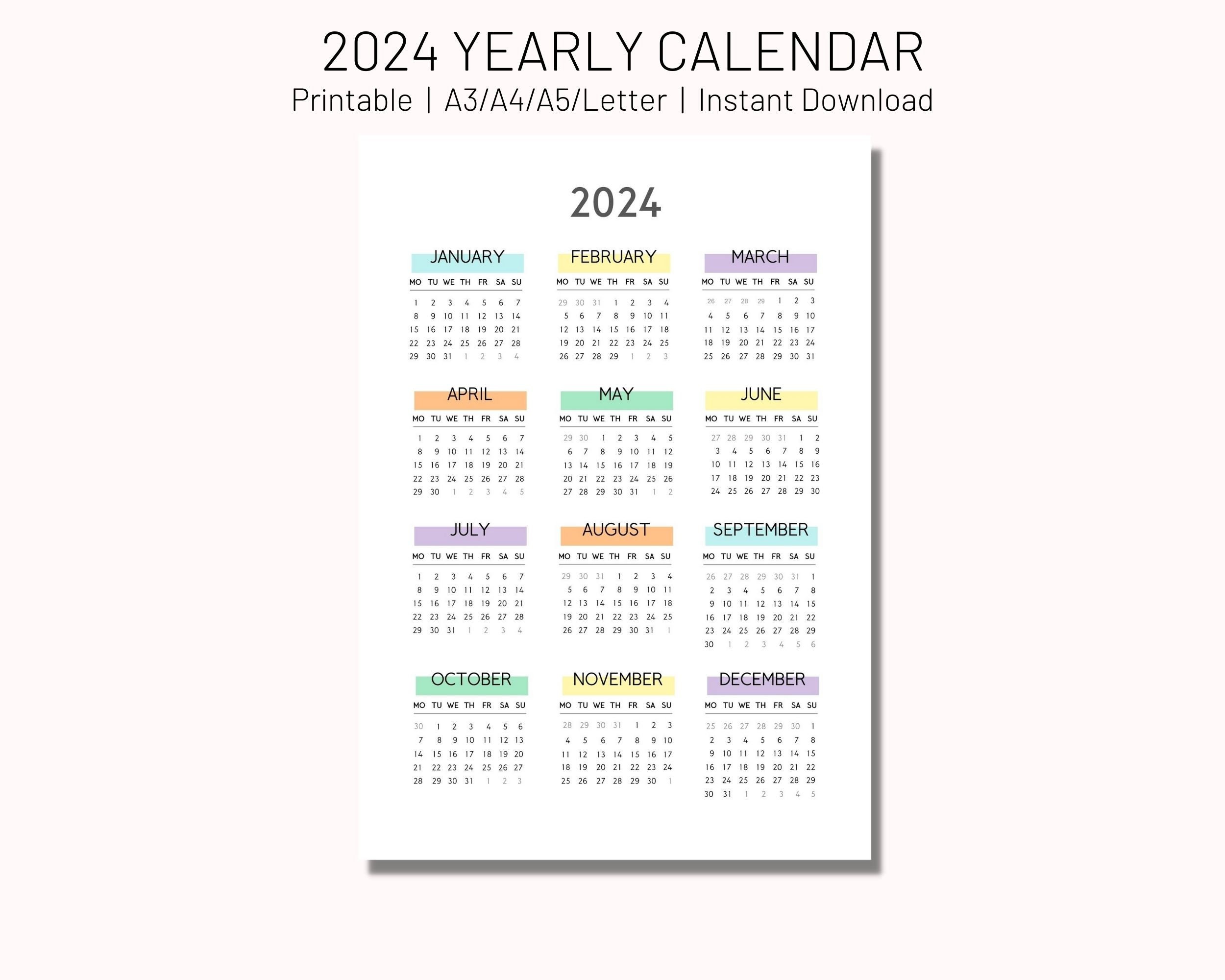2024 Yearly Calendar Printable, 2024 Calendar, Yearly Wall Calendar ...